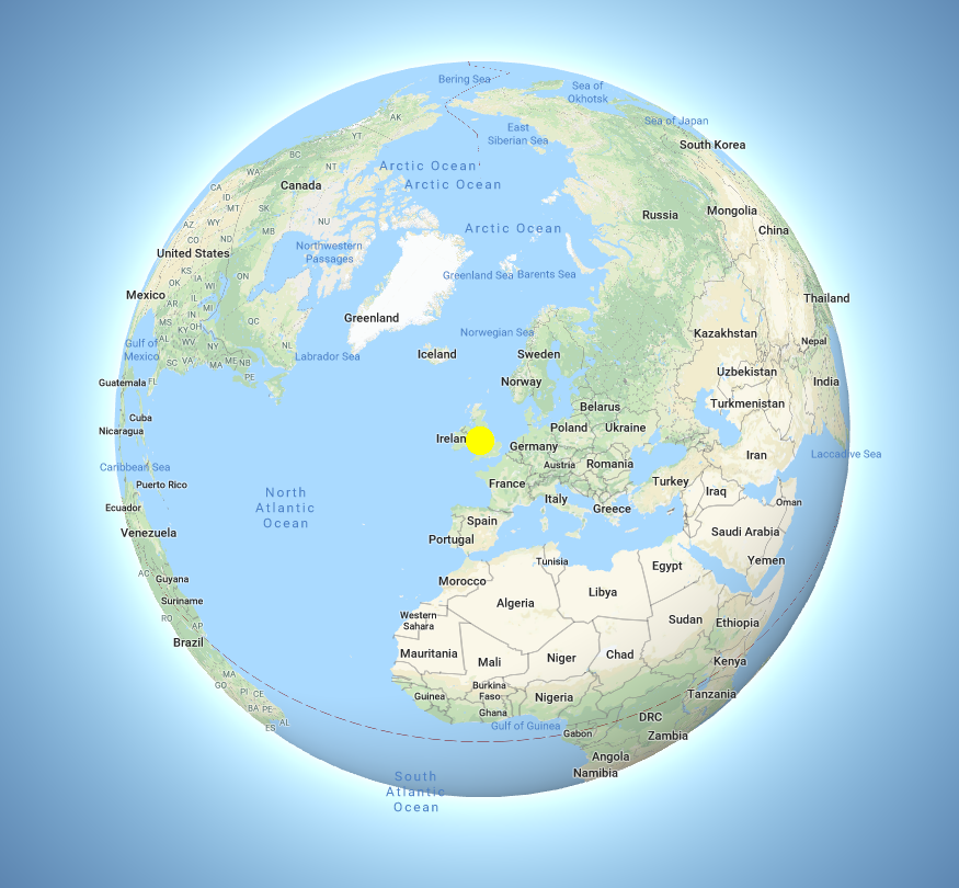 map of the globe with a yellow circle in the UK