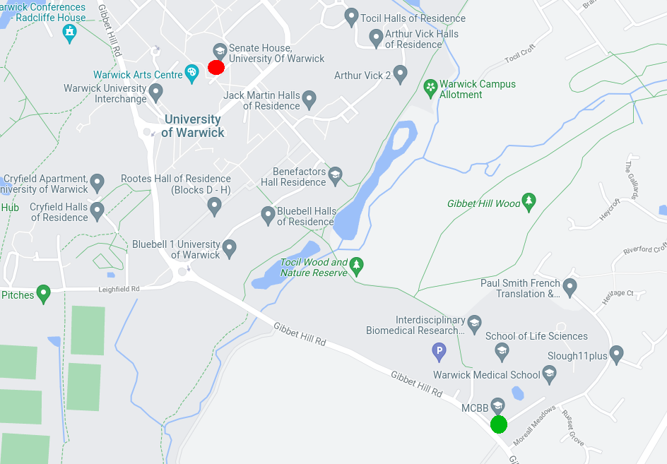 map of Warwick campus with CAMDU location shown by a green circle and Senate House location shown by a red circle